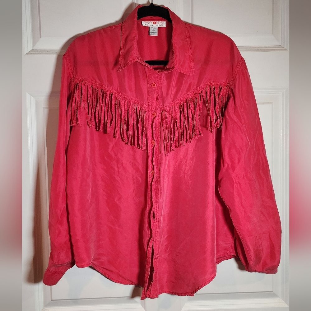 Stunt Collections Vintage Silk Fringed Button-Up Western Button Up Shirt L